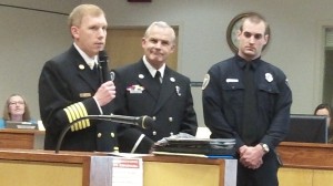 Fire Chief John Bradner with Lt. Jamie Smith, center, and Firefighter Curt Wilson.