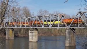 Portland & Western locomotives wait on the Albany rail bridge. Can you imagine the bridge serving fast passsenger trains?
