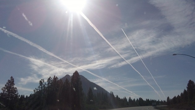 Vapor trails in the previously clear sky above Black Butte in northern California on March 8.