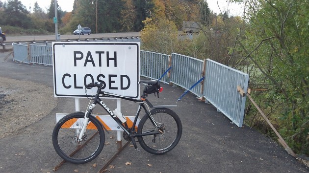 This part of the bikeway was still closed on Monday afternoon.
